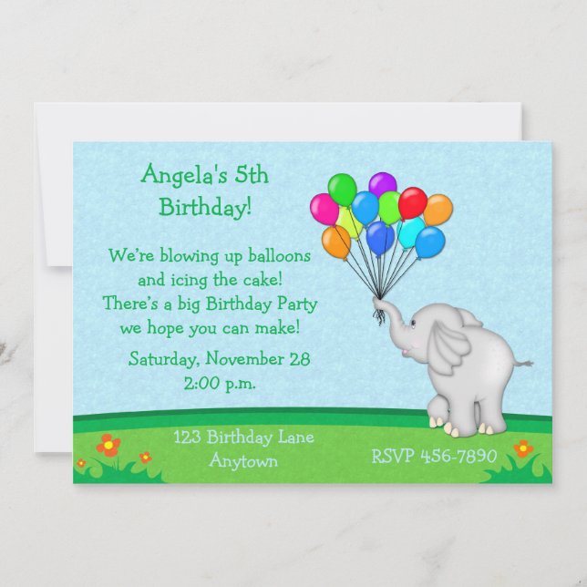 El elefante hincha la invitación del cumpleaños (Anverso)