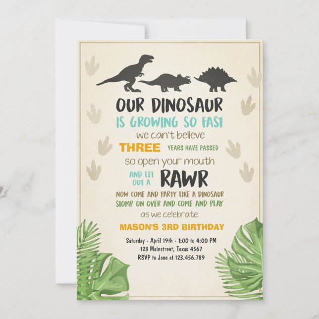 El fiesta del dinosaurio de la invitación del (Anverso)