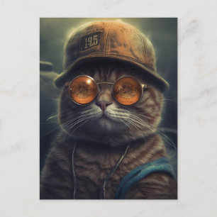 El gato con una postal de gorra y gafas de sol