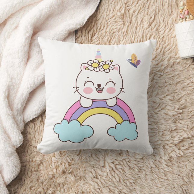 El gato de unicornio lindo en la almohada de lanza (Manta)