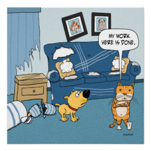 El gato divertido rasga para arriba el poster del