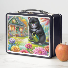 El gato está dando agua a las plantas de flores
