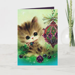 El gato navideño vintage agrega tarjeta retro de m