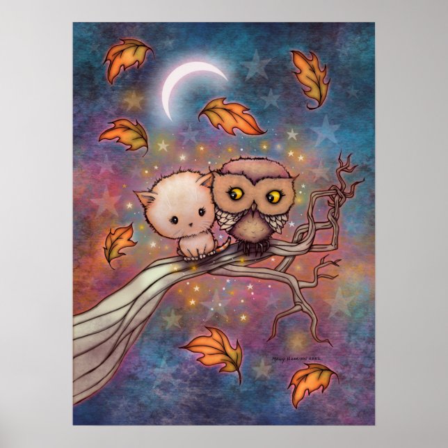 El Gato y el Búho Arte Adorable (Frente)