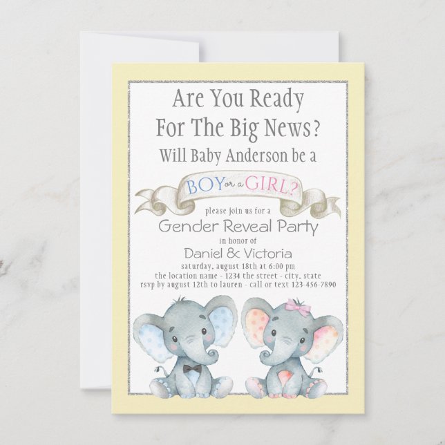 El género de elefante lindo revela la invitación d (Anverso)