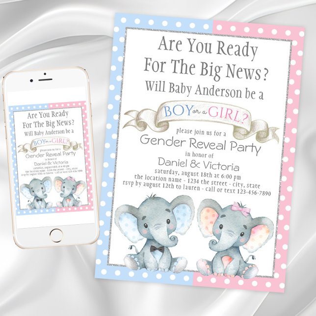 El género del elefante revela invitaciones a la du (Elephant Gender Reveal Baby Shower Invitations. Instant Download and printed invitations available.)