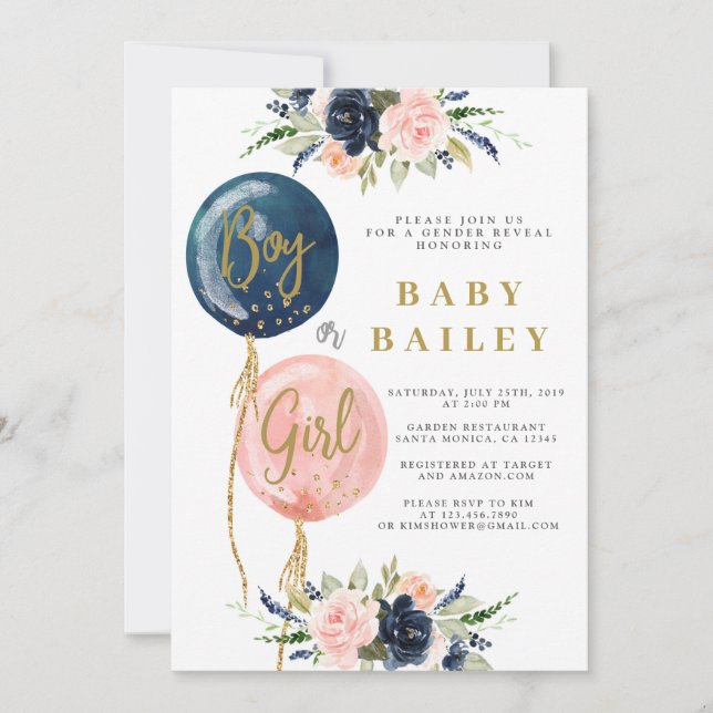 El género revela la invitación a la ducha de bebé, (Anverso)