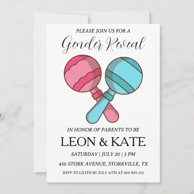 el género rosa y azul moderno revela invitaciones (Anverso)