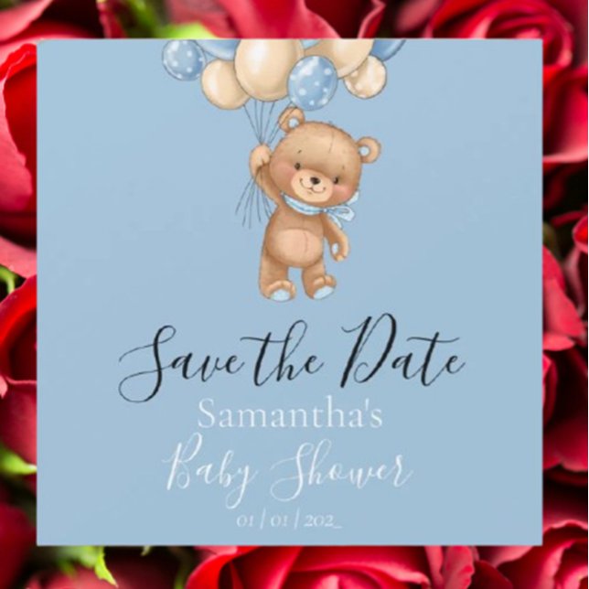El globo de Oso Teddy Baby Shower azul salva la fe (Announce your special day with this adorable Teddy Bear Balloon Blue Baby Shower Save the Date. )