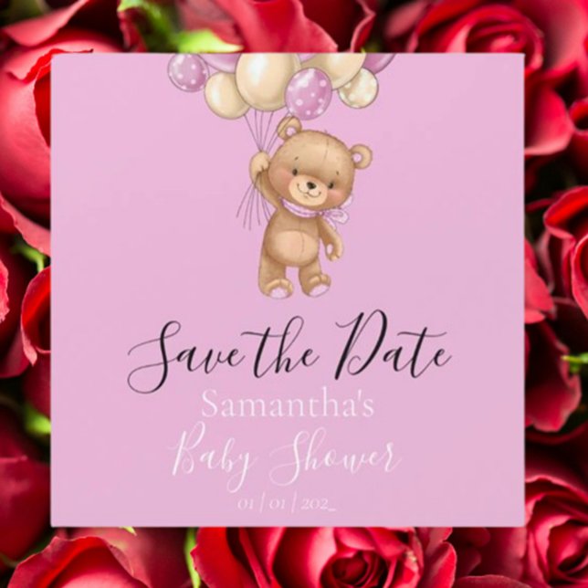 El globo rosa de Oso Teddy Baby Shower Guardar la  (Celebrate your special day with our adorable Teddy Bear Pink Balloon baby shower save the date. )