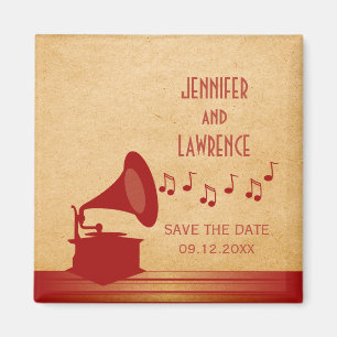 El gramófono rojo vintage salva el imán de fecha