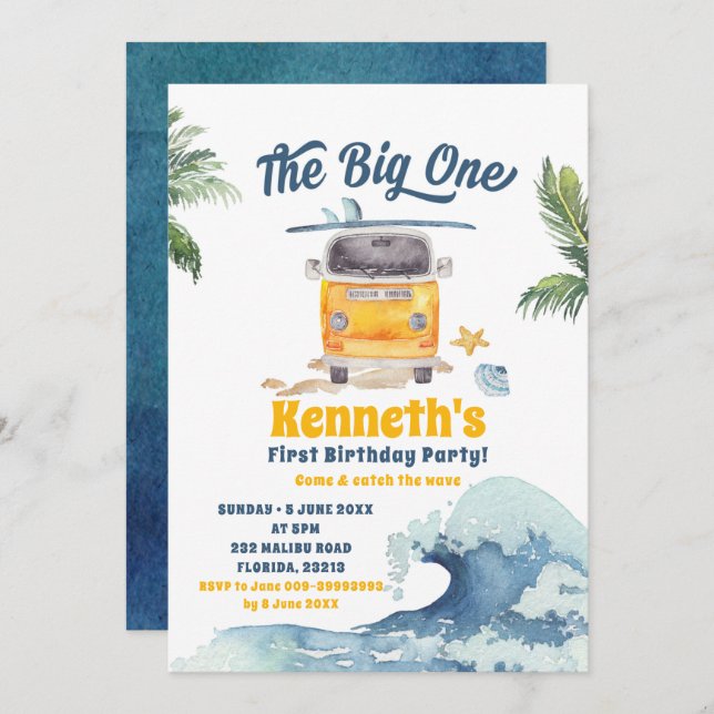 El Gran Retro De Surf Primer Cumpleaños Invitación (Anverso / Reverso)