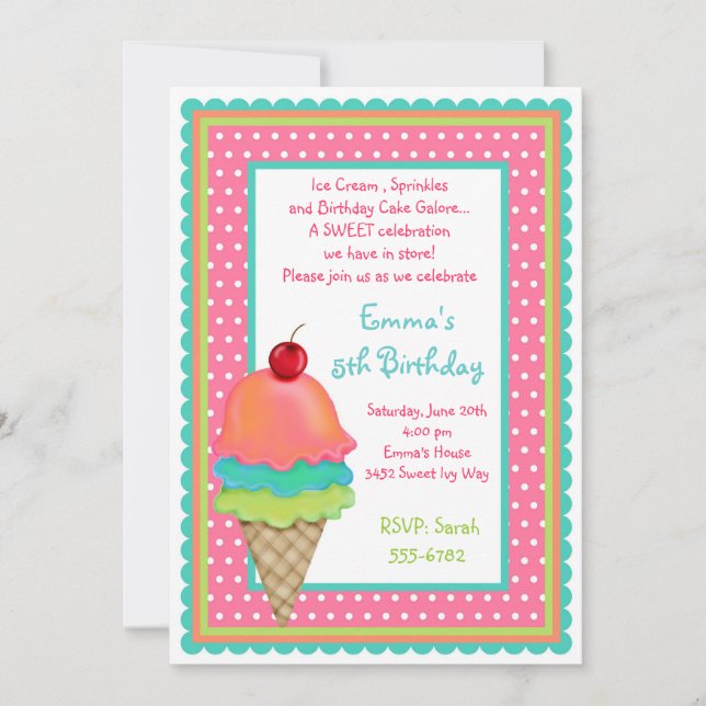 El helado trata invitaciones del cumpleaños (Anverso)