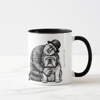 El hombre y el bulldog entintan la taza del arte