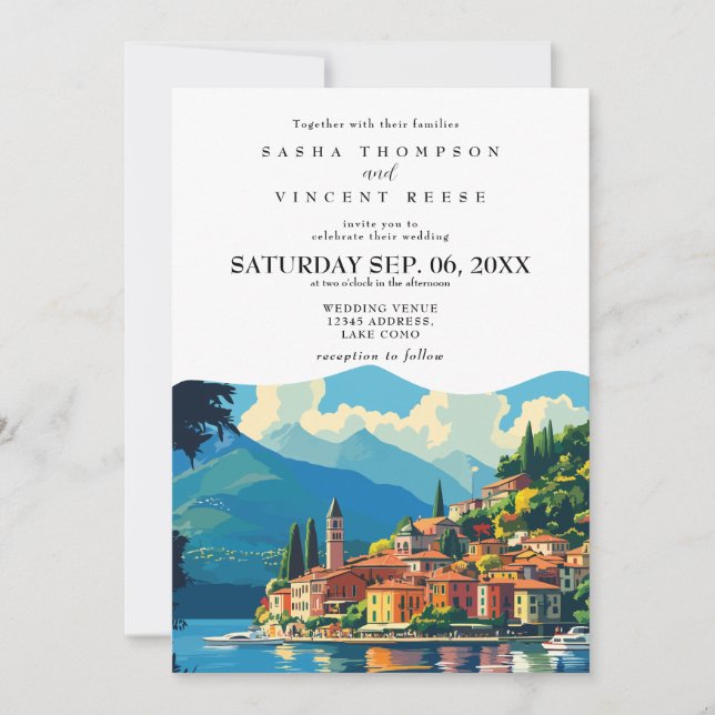 El lago Como Italia Invitación a la boda Retro (Anverso)