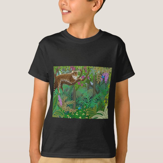 El leopardo de la selva embroma la camiseta oscura (Anverso)