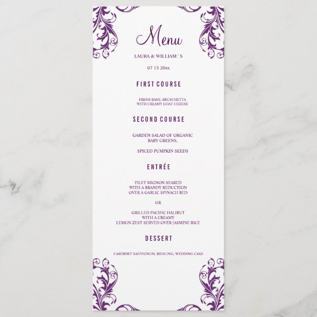 El menú de la cena de boda carda estilo del (Anverso)