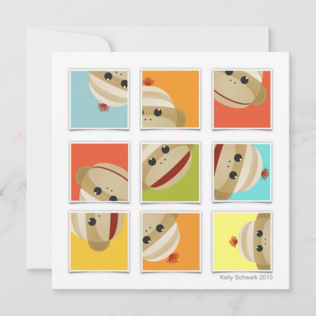 El mono del calcetín pega la invitación cuadrada (Anverso)