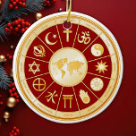 El mundo de la fe: ornamento cerámico<br><div class="desc">Este adorno de bello diseño presenta un mapa del mundo rodeado de símbolos dorados de 12 grandes religiones del mundo, que simboliza la diversidad mundial de creencias espirituales y la armonía entre ellas. Están representados los símbolos de Bahá'í, Budismo, Cristianismo, Confucianismo, Hinduismo, Islam, Jainismo, Judaísmo, Espiritualidad Nativa (Rueda de la...</div>