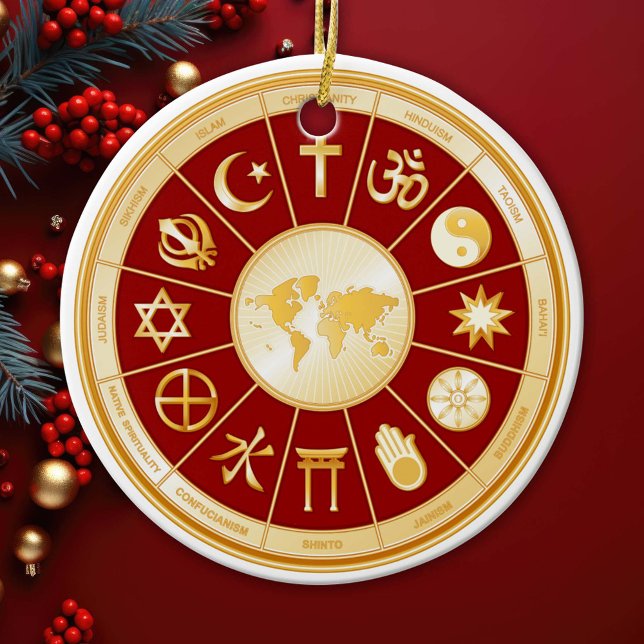 El mundo de la fe: ornamento cerámico (Gold symbols of international religions surround a world map. )