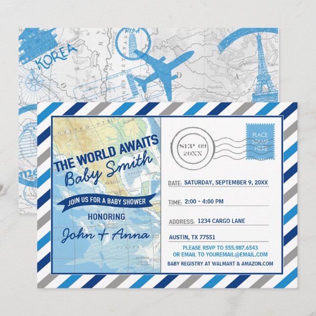 El mundo espera la tarjeta postal azul de la invit (Anverso / Reverso)