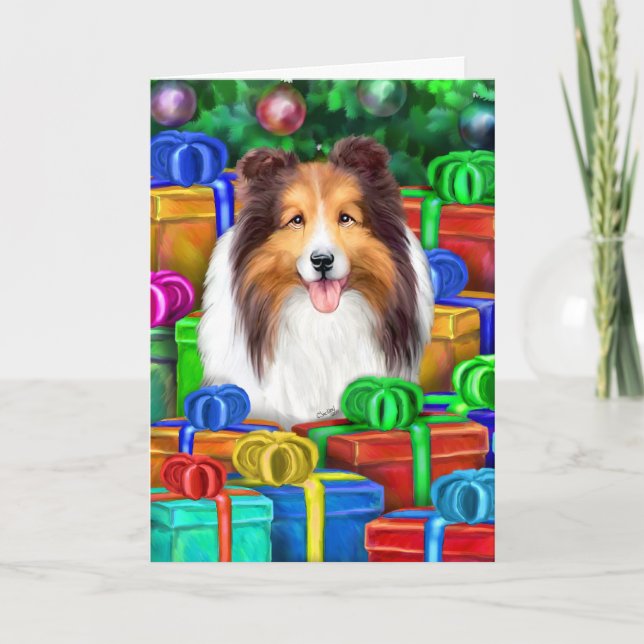 El navidad de Sheltie abre el Sable de los regalos (Anverso)