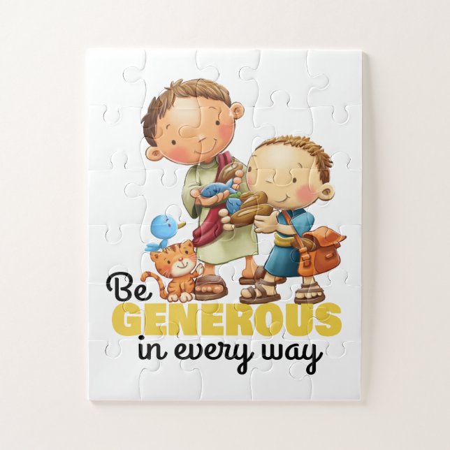 El niño con 5 panes y 2 peces puzzle (Vertical)