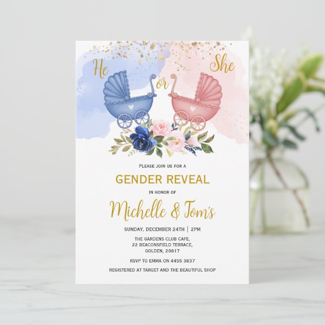 El o ella género revela la invitación del partido (Anverso de pie)