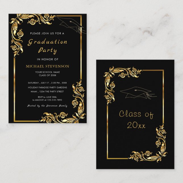 El oro deja la invitación de la fiesta de graduaci (Anverso / Reverso)