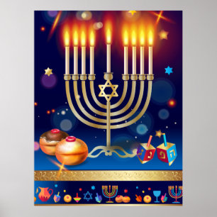 El oro feliz Menorah de Jánuca enciende arte