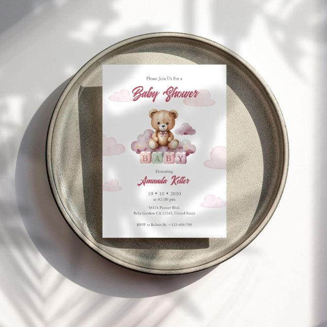 El oso bebé rosado bloquea la invitación a Baby Sh (Subido por el creador)
