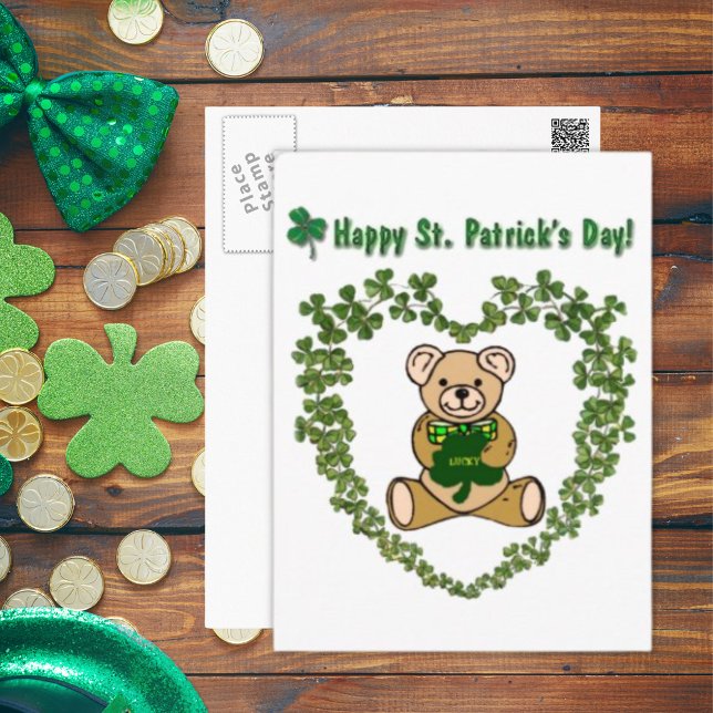 El oso de Teddy de San Patricio en la tarjeta post (St. Patrick's Teddy Bear in Clover Heart Postcard)