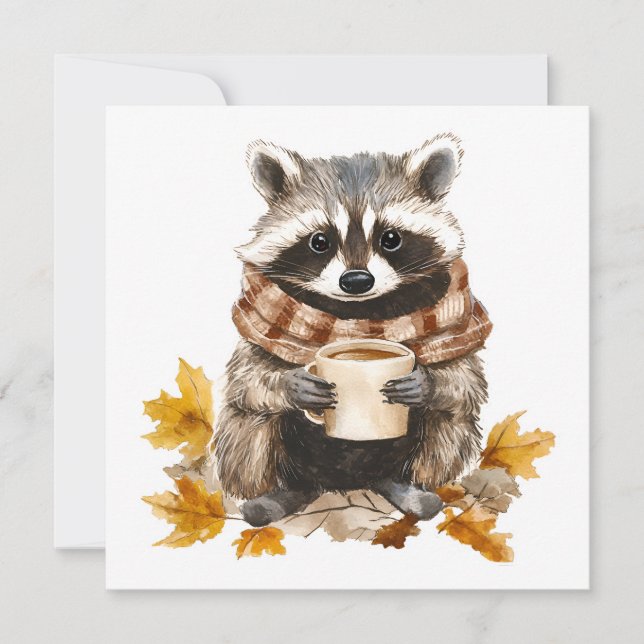 El otoño deja raccoon acogedor con taza de café (Anverso)