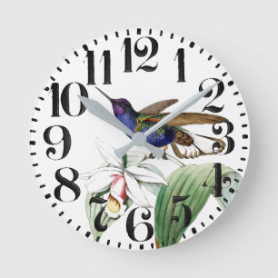 El pájaro del colibrí florece el reloj de pared