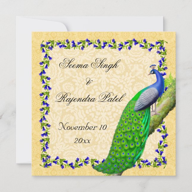 El pavo real azul de oro indio salva la invitación (Anverso)