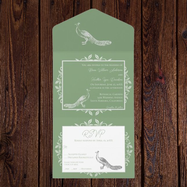 El Pavo Real Moss Florece Todo En Una Invitación (Moss Green Peacock Flourish All in One Invitation)