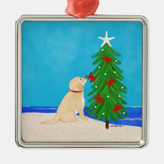 El perro dorado desea adorno navideño cuadrado (Frente)