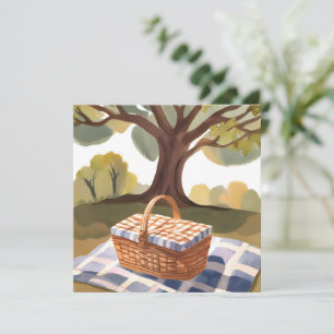 El picnic tarjeta de acuarela de cesta de mimbre