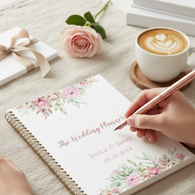 El Planificador De Bodas, Elegante Floral Sofistic (Soft lifestyle moment with a spiral planner for journaling and reflection)