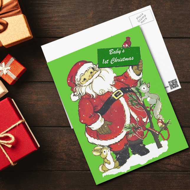 El primer navidad Santa lindo del bebé (Santa Claus decorated tree cute forest animals on green Baby's First Christmas post card.)