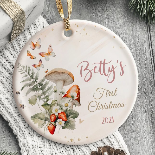 El primer ornamento navideño de bebé (Baby's First Christmas Ornament mushroom woodland berry)