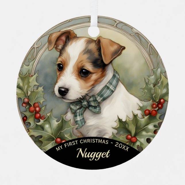 El primer ornamento navideño de Jack Russell Puppy (Anverso)