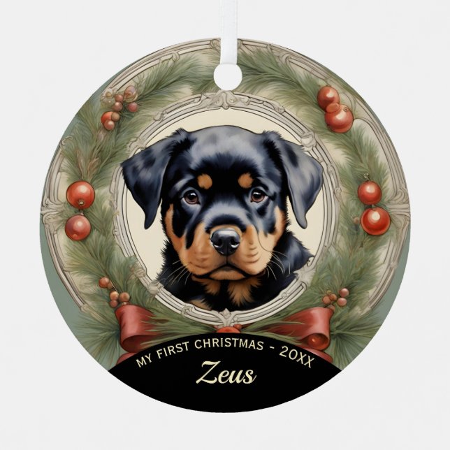 El primer ornamento navideño de Rottweiler Puppy (Anverso)