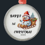 El primer ornamento navideño de Snowman<br><div class="desc">El primer muñeco de nieve de Navidad,  el ornamento Sleigh,  puede ser personalizado con el nombre del bebé,  año de navidades y año.</div>