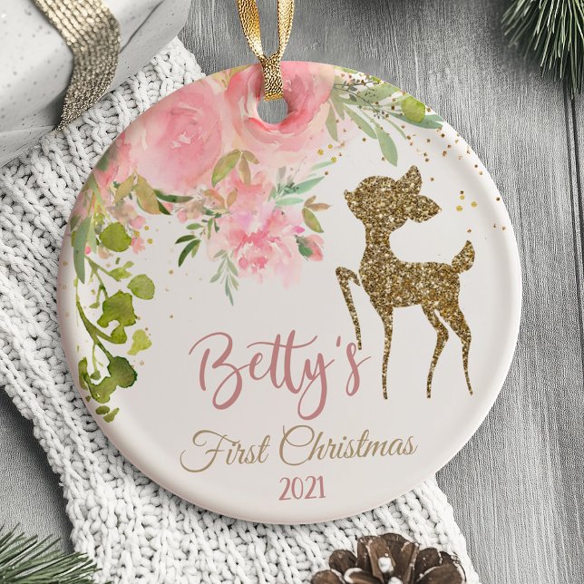 El primer ornamento navideño del bebé en Deer Wood (Baby's First Christmas Ornament deer woodland animal)