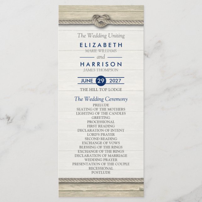 El Programa De Boda De Playa Rústica De Knot (Anverso)