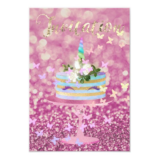El purpurina del fiesta del unicornio de la torta invitación 8,9 x 12,7 cm
