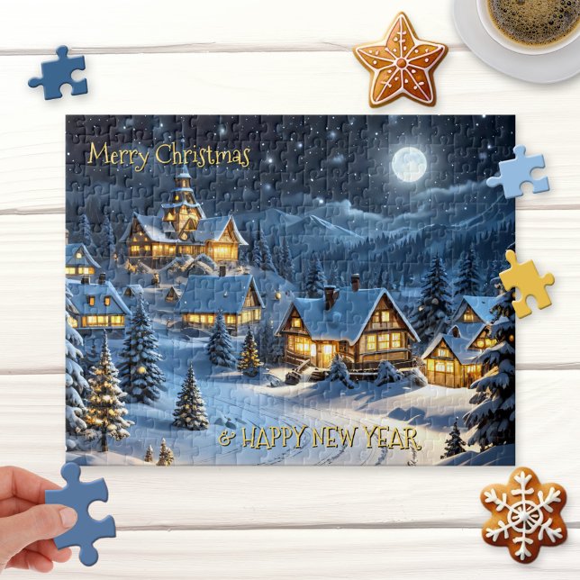 El rompecabezas de los Navidades del invierno mági (Puzzle featuring a peaceful illustration of a winter wonderland with festively lit Christmas trees)