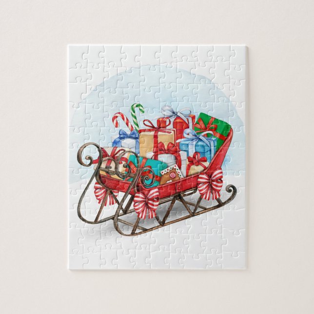 El rompecabezas de Sleigh Jigsaw en Santa (A festive sleigh filled with colorful presents, adorned with candy canes and ribbons.)