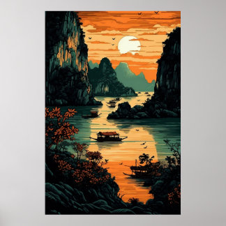 El Sol se eleva sobre el Poster del río Arte en la